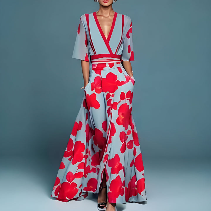 Hazel | Belted V-Neck Floral Maxi Dress